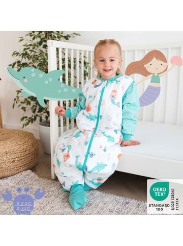 Schlummersack Schlafsack mit Füßen und umklappbaren Bündchen, 2.5 TOG in Weiß-Türkis