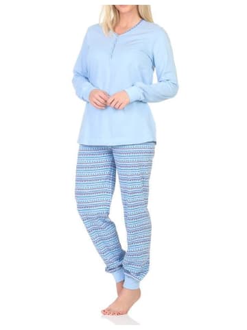 NORMANN Langarm Schlafanzug Pyjama Bündchen Ethnolook - 84670 in blau