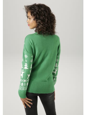 Aniston CASUAL Weihnachtspullover in grün-weiß-hellbraun-rost-marine