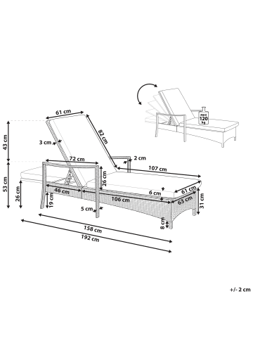 Beliani Gartenliege VASTO in Weiß/Grau - (W) 63 x (H) 26 x (L) 158 cm