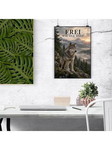 Poster Wolf naturverbunden Design mit Spruch in Weiß