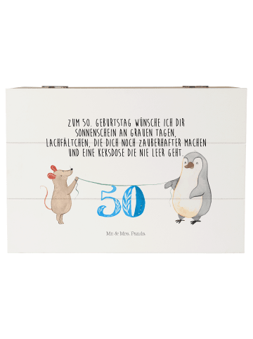 Mr. & Mrs. Panda Holzkiste 50. Geburtstag Maus Pinguin mit Spruch in Weiß