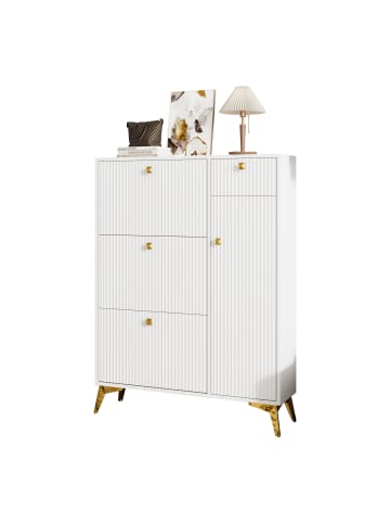 ABRIHOME Schuhschrank in Weiß mit 3 Klappen 1 Tür 1 Schublade 90x25x121 cm