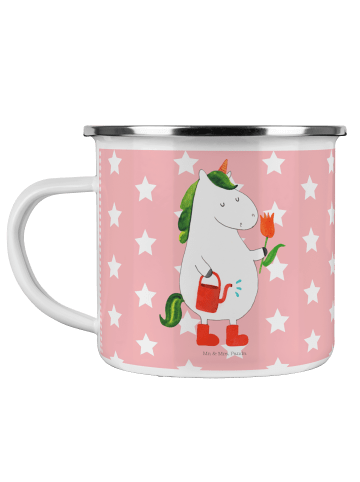 Mr. & Mrs. Panda Camping Emaille Tasse Einhorn Gärtner ohne Spruch in Rot Pastell