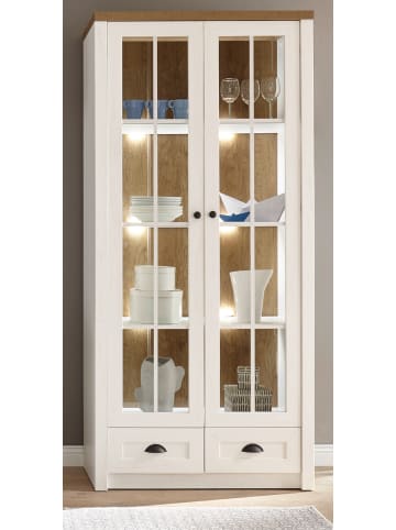 Furn.Design Vitrine weiß Pinie, Eiche hell Landhaus, Vitrinenschrank 90 x 198 cm