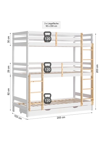 Homestyle4u Etagenbett 90x200 mit Bettkasten in Weiß