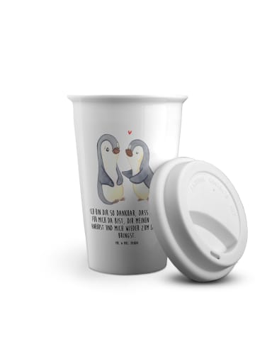 Mr. & Mrs. Panda Kaffeebecher Pinguine trösten mit Spruch in Weiß