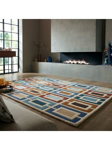 KADIMA DESIGN Wollteppich Geometrisch, Retro-Stil, Wohnzimmer in Multicolor-Blau