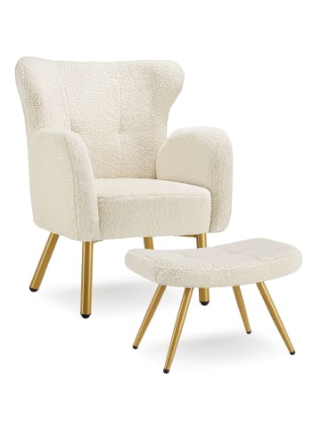 tectake Sessel mit Hocker Vänersborg, Belastbarkeit 120 kg, Bouclé creme/gold