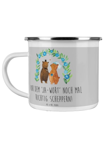 Mr. & Mrs. Panda Camping Emaille Tasse Polterabend Spaß mit Spruch in Heather Grey
