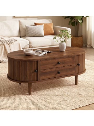ABRIHOME Couchtisch in Braun oval mit Schiebetüren 2 Schubladen