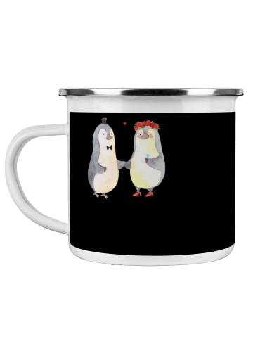 Mr. & Mrs. Panda Camping Emaille Tasse 5. Hochzeitstag Holzhochz... in Schwarz