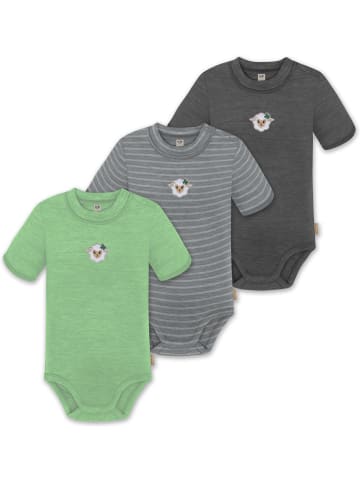 Normani Outdoor Sports 3er Set Unisex Baby Merino Kurzarm-Strampler Kurzarm Body mit Knopf in Anthrazit/Grau/Grün