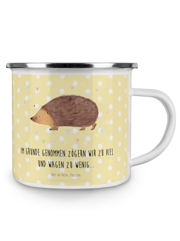 Mr. & Mrs. Panda Camping Emaille Tasse Igel Herzen mit Spruch in Gelb Pastell