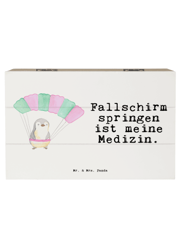 Mr. & Mrs. Panda Holzkiste Pinguin Fallschirm springen mit Spruch in Weiß