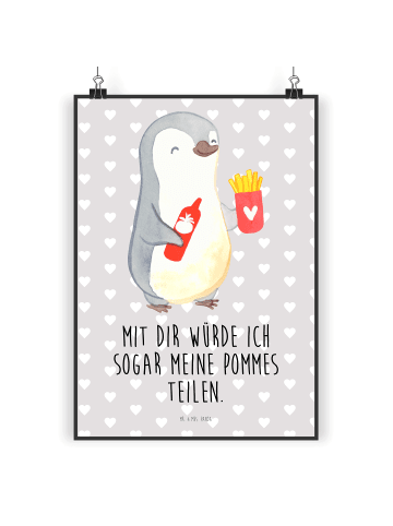 Mr. & Mrs. Panda Wandposter Pinguin Pommes mit Spruch in Grau Pastell