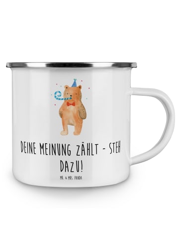 Mr. & Mrs. Panda Emaille Tasse Mutig zu Meinungen mit Spruch in Weiß