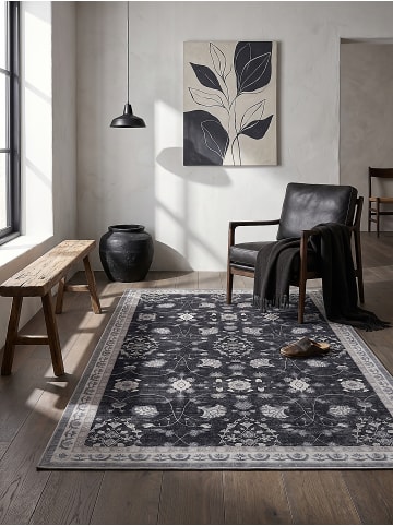 KADIMA DESIGN Teppich Kurzflor VERNANTE waschbar Orient Diele in Schwarz-Creme-Grau