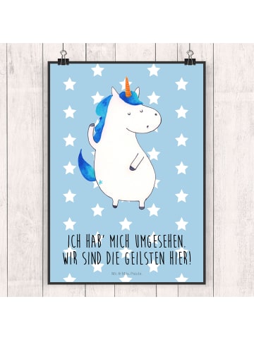 Mr. & Mrs. Panda Poster Einhorn Mann mit Spruch in Blau Pastell