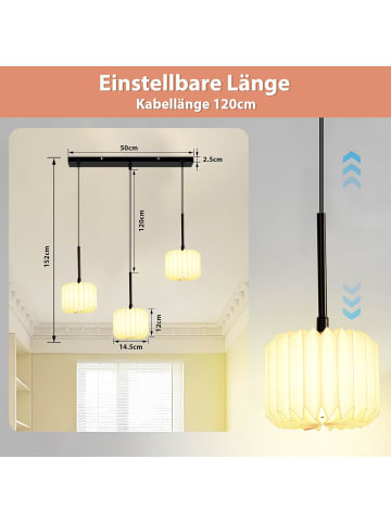 ZMH Pendelleuchte 3-flammige G9 in Weiß Vintage Papier Lampenschirm H 120cm