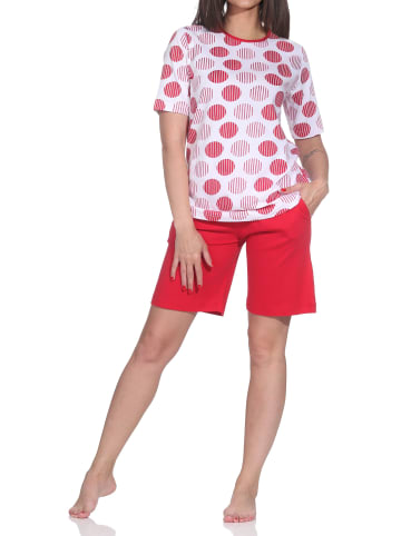 NORMANN Kurzarm Schlafanzug Shorty Pyjama Tupfen Punkte Look in rot