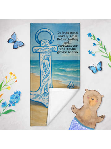 Mr. & Mrs. Panda Badehandtuch Anker Blau Design mit Spruch in Weiß