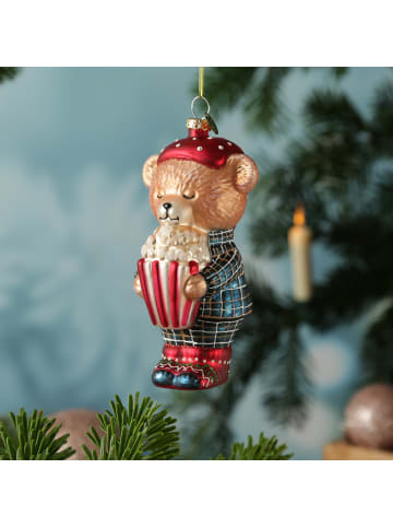 MARELIDA Weihnachtsbaumschmuck Bär im Schlafanzug mit Popcorn Glas H: 13cm