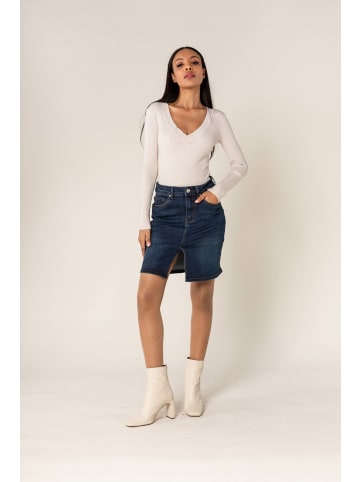 Nina Carter 5-Pocket Mini Jeansrock mit Schlitz Knie Lang Stretch Denim in Dunkelblau