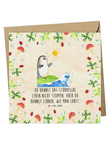 Mr. & Mrs. Panda Einladungskarte Pinguin Surfer mit Spruch in Naturpapier