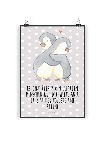 Posterdruck Pinguine Kuscheln mit Spruch in Grau Pastell