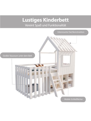 ABRIHOME Kinderbett Hochbett 90x200 mit Dach und Fenster, Massivholz in weiß