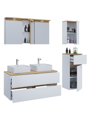 VCM 6 tlg. Badmöbel-Set mit Waschbecken Cosila-A 111cm in Weiß / Honig-Eiche