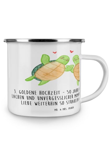 Mr. & Mrs. Panda Camping Emaille Tasse 50. Hochzeitstag mit Spruch in Transparent