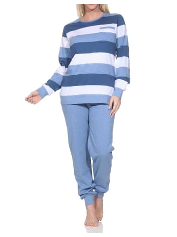 NORMANN Schlafanzug langarm Bündchen Blockstreifen in blau-mel.