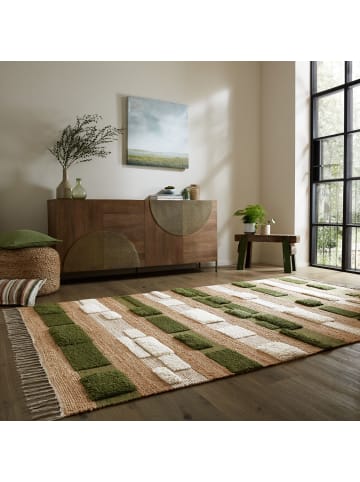 KADIMA DESIGN Teppich Hoch-Tief Struktur Gestreift, Patchwork-Optik, Fransen in Natur-Grün