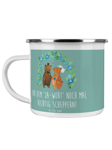 Mr. & Mrs. Panda Camping Emaille Tasse Polterabend Spaß mit Spruch in Meeresbrise