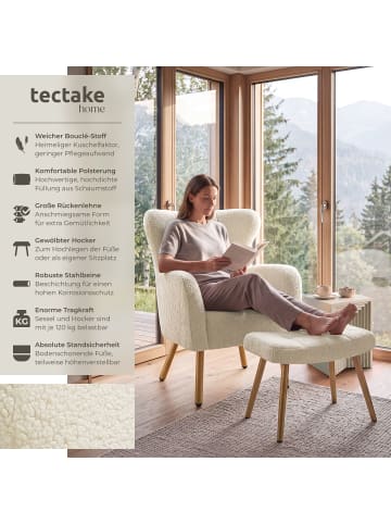 tectake Sessel mit Hocker Vänersborg, Belastbarkeit 120 kg, Bouclé creme/gold