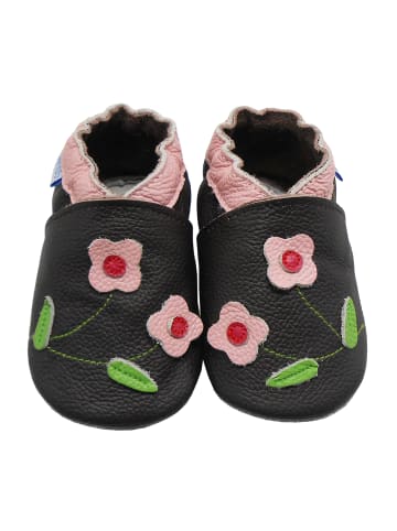 Yihakids Schwarze Baby-Laufanfänger aus echtem Leder, rutschfeste Sohlen – Blumenmuster