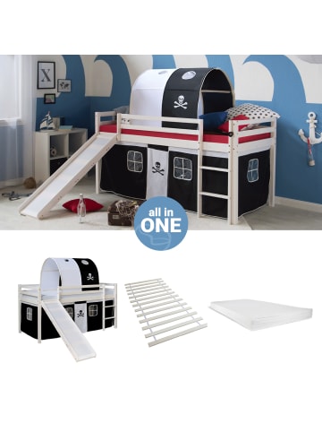 Homestyle4u Hochbett 90x200 mit Vorhang, Lattenrost, Matratze, Rutsche, Tunnel Weiß Pirat
