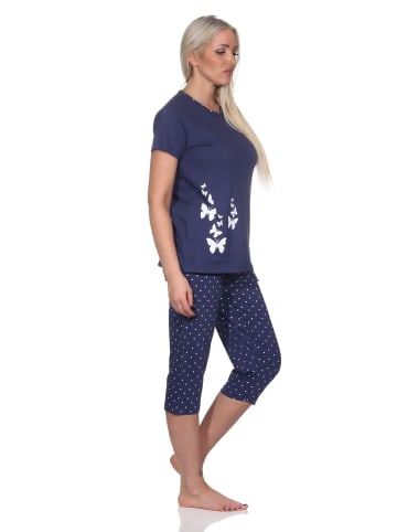 NORMANN Schlafanzug kurzarm Pyjama Caprihose Tupfen Punkte Optik - 86428 in navy