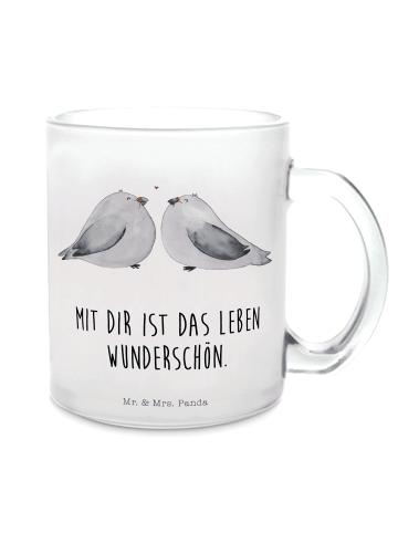 Mr. & Mrs. Panda Glasbecher Turteltauben Liebe mit Spruch in Transparent