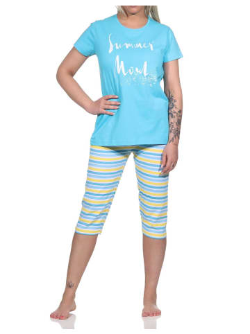 NORMANN er Capri Schlafanzug kurzarm Pyjama Hose geringelt - 73760 in hellblau