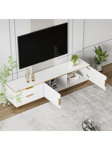 ABRIHOME TV in Weiß mit geschnitzter Struktur goldenen Griffen und Füßen
