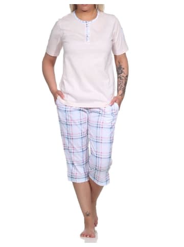NORMANN Schlafanzug kurzarm karierter Capri Hose Jersey - 78813 in rosa