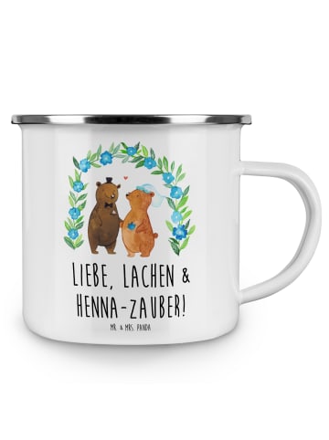 Mr. & Mrs. Panda Camping Emaille Tasse Henna-Abend Magie mit Spruch in Weiß