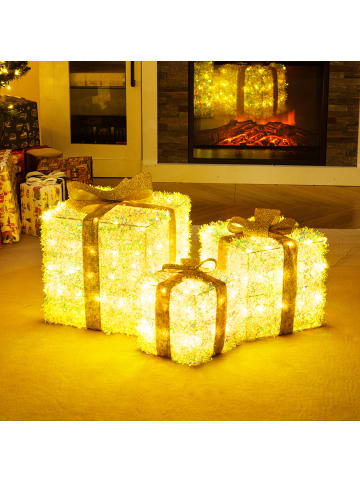 COSTWAY 3er Set LED Geschenkbox in Gold