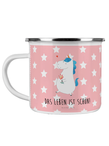 Mr. & Mrs. Panda Camping Emaille Tasse Einhorn Spaziergang mit S... in Rot Pastell