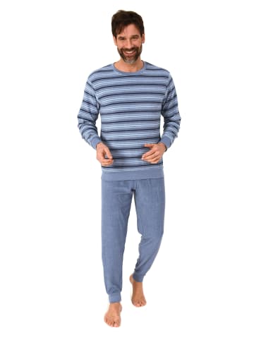 NORMANN Langarm Schlafanzug Frottee Bündchen in blaumelange