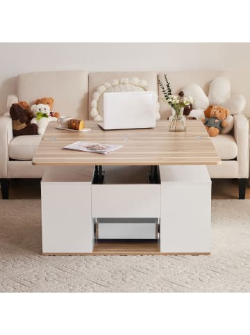 ABRIHOME Hebbarer Couchtisch in Weiß & Naturholz mit 2 Tischen & 2 Schubladen 
