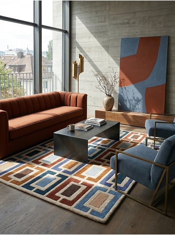 KADIMA DESIGN Wollteppich Geometrisch, Retro-Stil, Wohnzimmer in Multicolor-Blau